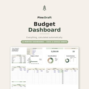 Könnte beinhalten: Eine digitale Budget-Dashboard-Vorlage mit dem Titel Pine Draft Budget Dashboard und dem Text Everything, calculated automatically. Sie enthält 12 monatliche Dashboards für Excel und Google Sheets mit Tabellen für Cashflow, Einnahmen, Rechnungen und Ausgaben.