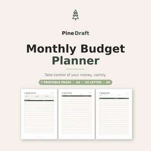 Könnte beinhalten: Ein digitaler monatlicher Budgetplaner von Pine Draft mit einem Baum-Symbol, dem Text 'Take control of your money, calmly.' und '7 PRINTABLE PAGES • A4 • US LETTER • A5'. Drei Dokumentvorlagen sind abgebildet: Monthly Overview, Income Tracker und Savings Tracker.