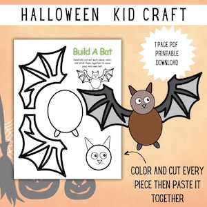 Può includere: Un PDF stampabile per lavoretti di Halloween per bambini intitolato Build A Bat. La pagina include contorni in bianco e nero di ali, corpo e testa di pipistrello, insieme a un'illustrazione a colori di un pipistrello finito.