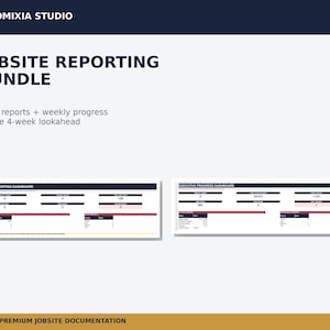 May include: A digital jobsite reporting bundle from Bloomixia Studio featuring daily reports, weekly progress, and a 4-week lookahead. The document displays a Field Reporting Dashboard and an Executive Progress Dashboard with various data metrics.