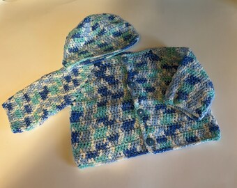 3-month multi blue tone Baby Sweater and hat Set