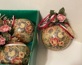 6 count set of large decoupaged, decorated Ball Ornaments, 3 inches (MRCL)