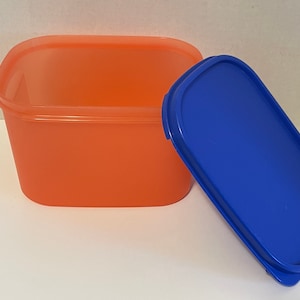 May include: An orange rectangular food storage container with a blue lid. The container is made of translucent plastic. The lid is off to the side, revealing the inside of the container. The container is empty.