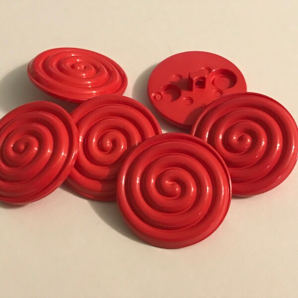 6 large red swirl design Vintage shank Buttons, 28 mm (AA4)