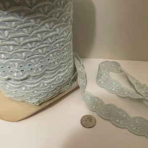 May include: A spool of light blue eyelet lace trim with a scalloped edge. The lace has a white floral design.