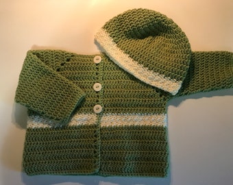 6 month moss green and cream color Baby Sweater Hat Set