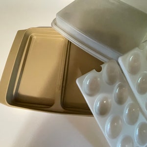 May include: A rectangular beige plastic food storage container with a matching translucent lid and two white plastic inserts, each featuring twelve oval-shaped indentations designed for holding eggs or similar small items securely.