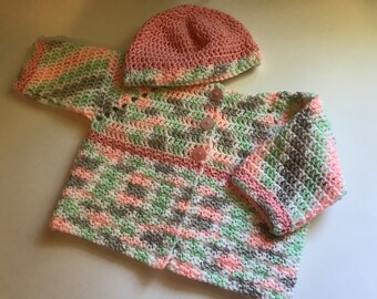 Peach multi color Baby Sweater and Hat, 3- 6 month