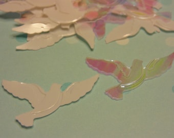 30 white and iridescent Dove confetti / sequins, 16 x 27 mm (10)