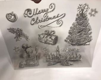 9 piece Merry Christmas Snowman Tree Town Holly and more clear Stamp set, 15 - 80 mm (CL7)