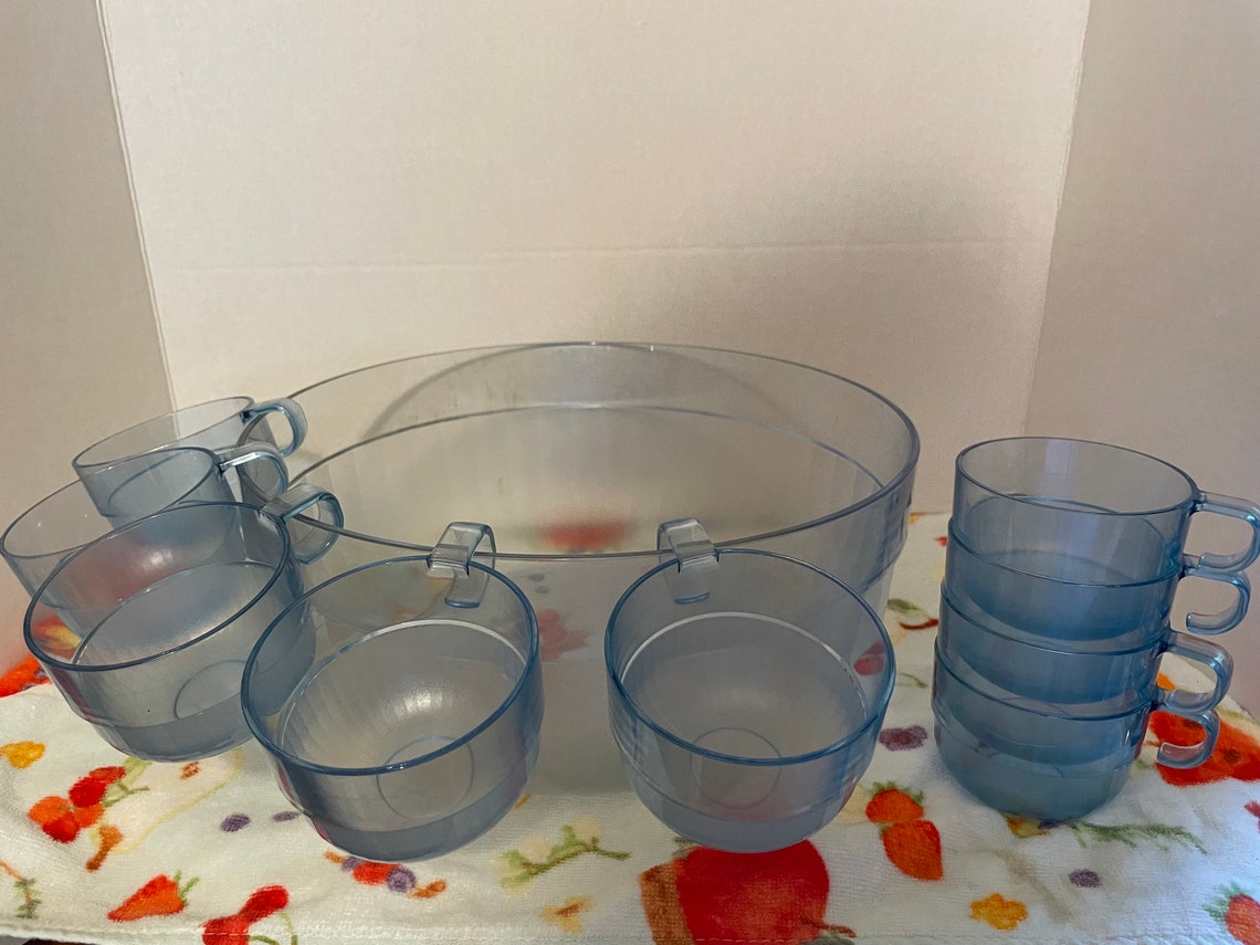 Tupperware Salad Punch Bowl Preludio Blue and 9 Cups Vintage Etsy