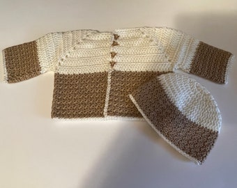 Brown and Beige sweater and hat set , size 3 month, Giraffe buttons (BRCL)