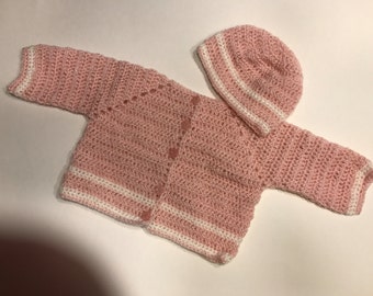 Newborn pink and white sweater hat set, 0-3 month