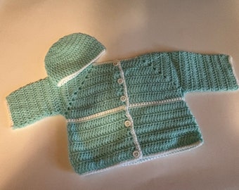 Newborn mint green and white sweater and hat set, size 0-3 month (BRCL)