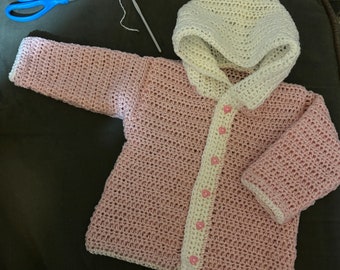 12 month light pink and white Button-down Sweater with Hood