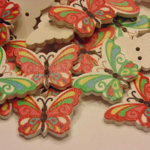 5 large colorful wood  butterfly buttons, 17 x 25 mm (B4)