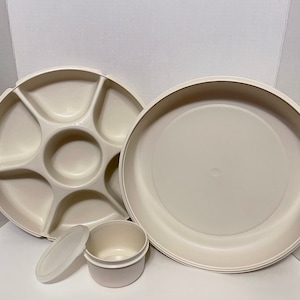 4 piece Vintage Tupperware Almond color Vatable Dip Snack Party Fixings Tray Lazy Susan