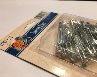 100 silver color metal safety pins, about 1 3/4 inch (RR1)