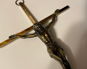 Vintage Brass Crucifix Wall Hanging, 10 inch Tall (A2)