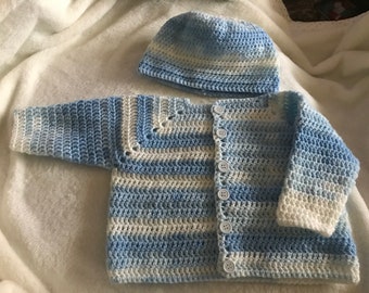0-3 month multi color blue cream white Baby Boy Sweater and Hat Set