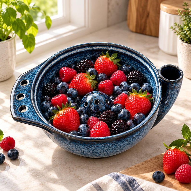 K&ouml;nnte beinhalten: Eine tiefblaue Beeren-Schale aus Keramik mit gesprenkelter Oberfl&auml;che, ausgestattet mit einem zentralen Abflussdom, drei seitlichen L&ouml;chern und einem Griff. Die Schale ist mit einer Mischung aus frischen roten Erdbeeren, Himbeeren sowie dunklen Brombeeren und Blaubeeren gef&uuml;llt.