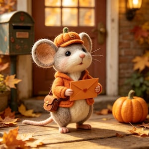 Könnte beinhalten: Eine gefilzte Mausfigur mit einer orangefarbenen Jacke und einem passenden kürbisförmigen Hut. Die Maus hält einen kleinen orangefarbenen Umschlag mit einem Herzdetail und trägt eine braune Umhängetasche auf einer Holzveranda mit Herbstlaub.