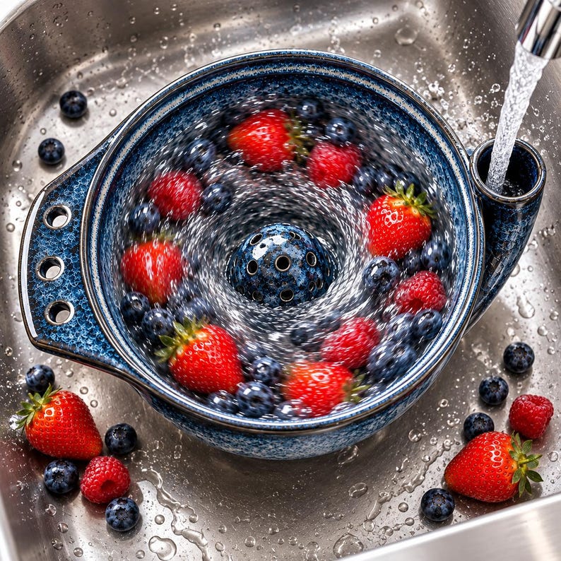 K&ouml;nnte beinhalten: Ein blau gesprenkeltes Beeren-Sieb aus Keramik mit zentralem Abflussdom und seitlichem Griff, gef&uuml;llt mit frischen Erdbeeren und Blaubeeren, die unter einem Wasserstrahl abgesp&uuml;lt werden. Die Sch&uuml;ssel hat drei kreisf&ouml;rmige L&ouml;cher am Griff.