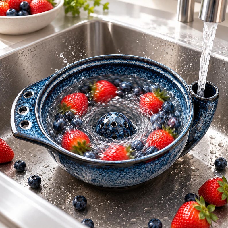 K&ouml;nnte beinhalten: Ein blau gesprenkeltes Beeren-Sieb aus Keramik mit zentralem Abflussdom und seitlichem Griff, gef&uuml;llt mit frischen Erdbeeren und Blaubeeren, die unter einem Wasserstrahl in einer Edelstahlsp&uuml;le abgesp&uuml;lt werden.