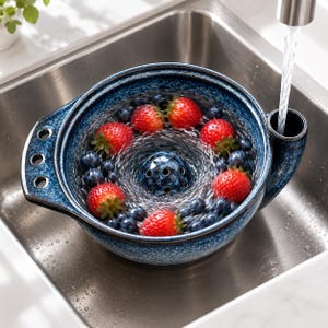 K&ouml;nnte beinhalten: Eine blau gesprenkelte Beeren-Seiher-Sch&uuml;ssel aus Keramik mit einem zentralen Abflussdom und einem seitlichen Ausguss, gef&uuml;llt mit frischen roten Erdbeeren und dunkelblauen Heidelbeeren, die unter einem Wasserstrahl abgesp&uuml;lt werden.