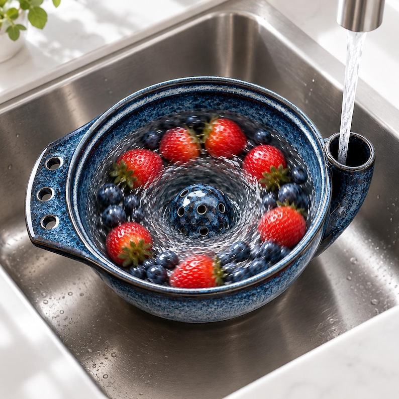 K&ouml;nnte beinhalten: Eine blau gesprenkelte Beeren-Seiher-Sch&uuml;ssel aus Keramik mit einem zentralen Abflussdom und einem seitlichen Ausguss, gef&uuml;llt mit frischen roten Erdbeeren und dunkelblauen Heidelbeeren, die unter einem Wasserstrahl abgesp&uuml;lt werden.