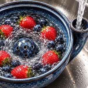 K&ouml;nnte beinhalten: Eine blau gesprenkelte Beeren-Seiher-Sch&uuml;ssel aus Keramik, gef&uuml;llt mit frischen roten Erdbeeren und dunkelblauen Heidelbeeren, die unter flie&szlig;endem Wasser abgesp&uuml;lt werden. Die Sch&uuml;ssel hat eine mittige, perforierte Kuppel und einen Seitengriff.