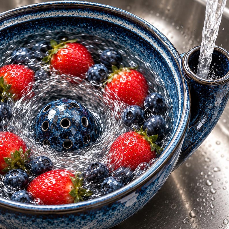 K&ouml;nnte beinhalten: Eine blau gesprenkelte Beeren-Seiher-Sch&uuml;ssel aus Keramik, gef&uuml;llt mit frischen roten Erdbeeren und dunkelblauen Heidelbeeren, die unter flie&szlig;endem Wasser abgesp&uuml;lt werden. Die Sch&uuml;ssel hat eine mittige, perforierte Kuppel und einen Seitengriff.