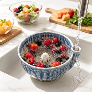 May include: A blue and white ceramic berry colander bowl with a central cone, filled with water and fresh strawberries, raspberries, and blackberries. A kitchen faucet pours water into the side spout, rinsing the fruit inside the bowl.