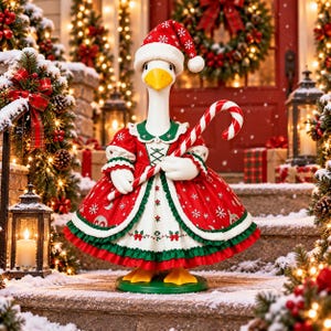 Könnte beinhalten: Eine dekorative Gänsefigur mit rot-weißer Weihnachtsmannmütze, einem roten Kleid mit weißem Schneeflockenmuster und grünem Rüschensaum. Die Gans hält eine rot-weiß gestreifte Zuckerstange in den Flügeln und steht auf einem grünen Sockel.