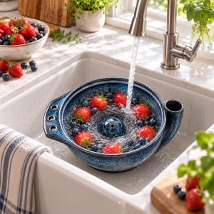 K&ouml;nnte beinhalten: Ein rundes, blau gesprenkeltes Beeren-Sieb aus Keramik mit einem zentralen Abflussloch und einem seitlichen Griff, das in einem wei&szlig;en Sp&uuml;lbecken steht. Wasser flie&szlig;t aus einem Wasserhahn in die Sch&uuml;ssel und sp&uuml;lt rote Erdbeeren und Blaubeeren.