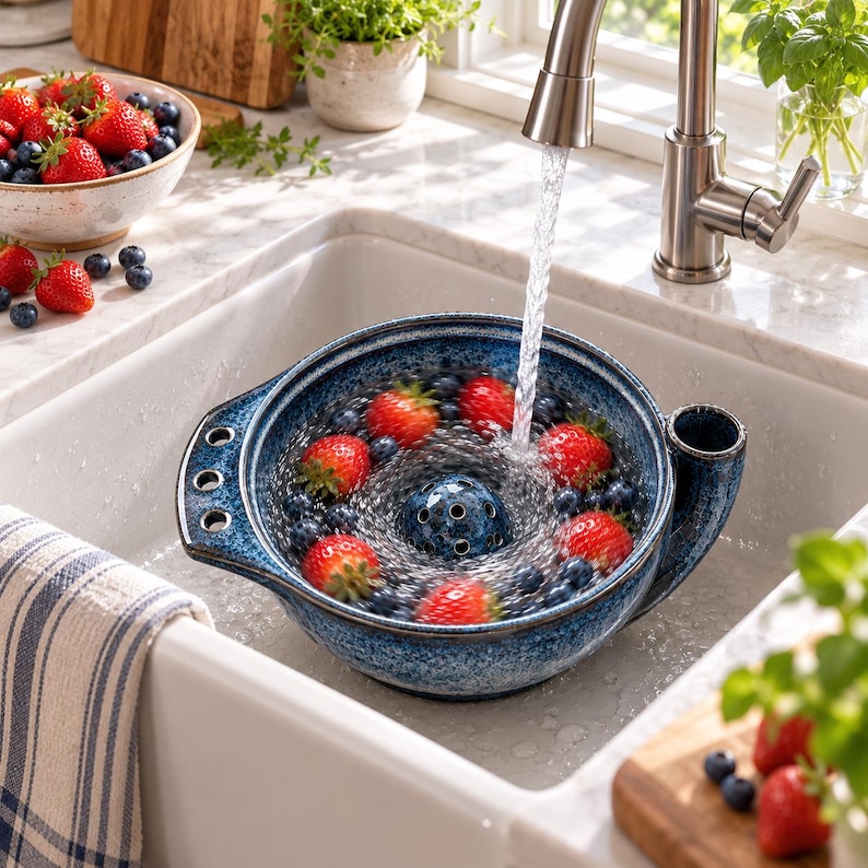 K&ouml;nnte beinhalten: Ein rundes, blau gesprenkeltes Beeren-Sieb aus Keramik mit einem zentralen Abflussloch und einem seitlichen Griff, das in einem wei&szlig;en Sp&uuml;lbecken steht. Wasser flie&szlig;t aus einem Wasserhahn in die Sch&uuml;ssel und sp&uuml;lt rote Erdbeeren und Blaubeeren.