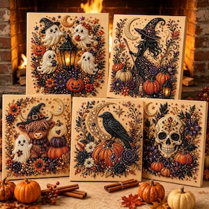 May include: Five square canvas art pieces featuring Halloween themes including ghosts with a lantern, a witch, a highland cow with a ghost, a crow on a pumpkin, and a skull, all decorated with colourful floral accents, beads, and crescent moons.