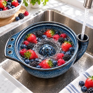 Puede incluir: Un colador de bayas de cerámica azul moteado con una cúpula de drenaje central y un asa lateral con tres orificios circulares. El cuenco está lleno de fresas, moras y arándanos frescos que se enjuagan bajo un grifo de cocina.