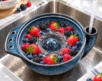 Handmade Ceramic Berry Vortex Washing Bowl, Multi-purpose Fruit Colander with Spout,Strawberry Blueberry Rinser, Farmhouse Housewarming Gift