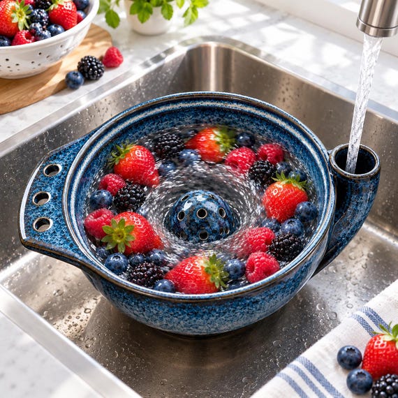 Handmade Ceramic Berry Vortex Washing Bowl, Multi-purpose Fruit Colander with Spout,Strawberry Blueberry Rinser, Farmhouse Housewarming Gift