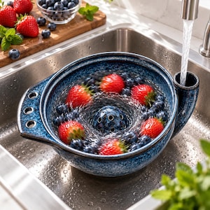 K&ouml;nnte beinhalten: Ein tiefblaues, gesprenkeltes Beeren-Sieb aus Keramik mit zentralem Abflussdom und seitlichem Ausguss, das unter einem Wasserhahn steht. Die Schale ist mit frischen roten Erdbeeren und dunkelblauen Heidelbeeren gef&uuml;llt, die abgesp&uuml;lt werden.