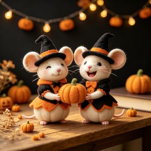 May include: Two needle-felted white mice wearing black and orange witch hats and matching outfits, standing on a wooden surface. Each mouse has pink ears and whiskers, and together they hold a small, round, orange felted pumpkin.