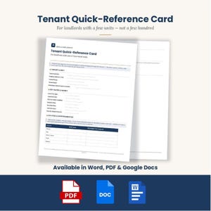 Tenant Quick-Reference Card, Landlord Lease Info Sheet, Rental Property Tenant Information Form Word PDF