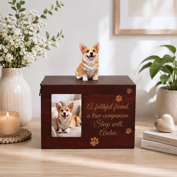 Custom Pet Memorial Urn, Personalized Wooden Cremation Urn for Dogs & Cats, Photo Display Memory Box, Pet Bereavement Gift