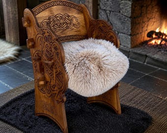 Handcarved Ash Wood Viking Chair | Rustic Nordic Home Decor Accent Seat