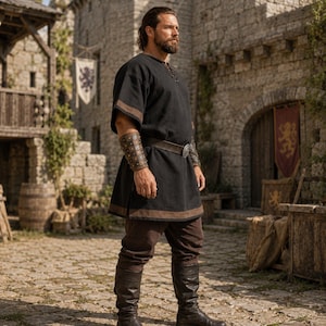 Peut inclure: Une tunique noire avec des bordures marron aux manches et à l'ourlet, portée avec un pantalon marron, des bottes noires et une ceinture en cuir marron. La tenue comprend une protection d'avant-bras en cuir marron avec des clous métalliques.
