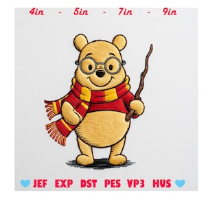 May include: An embroidery design of a yellow bear wearing round glasses and a red and yellow striped scarf, holding a brown stick. Text at the top indicates sizes 4in, 5in, 7in, 9in. Bottom text lists file formats JEF, EXP, DST, PES, VP3, HUS.