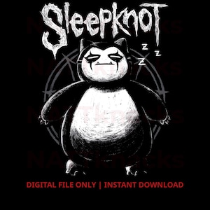 May include: A black and white graphic illustration featuring a stylized creature resembling Snorlax with dark eye makeup, positioned in front of a circular emblem. The text Sleepknot appears above the character, with three Zs to the right.