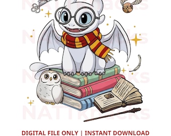 かわいい魔法のドラゴンPNG、魔法使いのフクロウのクリップアート、ファンタジーブックPNG、魔法の生き物のデジタルダウンロード、魔法の図書館の昇華プリント