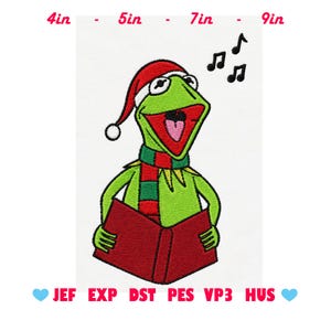 May include: An embroidery design of a green frog wearing a red and white Santa hat and a red and green striped scarf, singing with a red songbook. The design includes size options of 4in, 5in, 7in, and 9in, with file formats JEF, EXP, DST, PES, VP3, HUS.